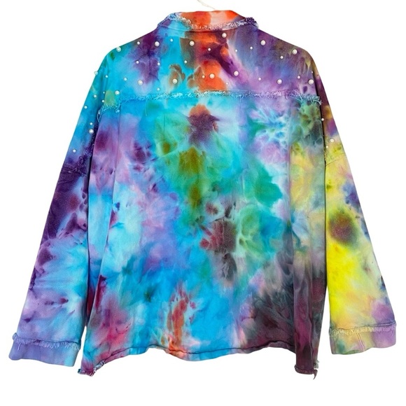 Handmade Tie Dye Jean Jacket Shacket Womens Size Large XL Upcycled Pearl Pockets - Picture 2 of 14